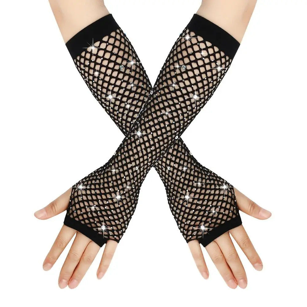 Women Masquerade Party Prom Hollow Out Mesh Long Gloves Etiquette Dancing Elasticity Retro Style Shiny Rhineston Mittens Stage